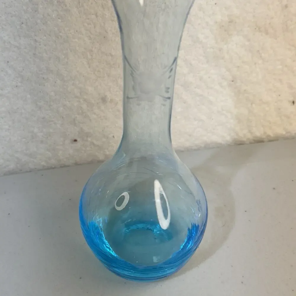 Handblown Blue Turquoise Glass Bud Vase Etched Flower Ruffled Edge Rounded Base